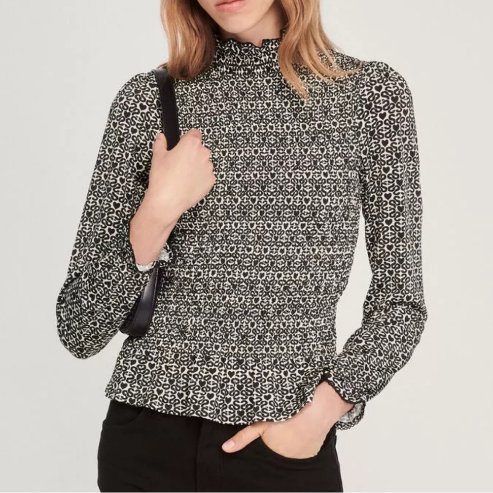 Sandro Monogram Print Mockneck Smocked Top Puff Sleeve Blouse